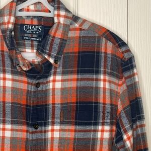 Chaps Performance Mens Orange Navy Blue Plaid Flannel Button Down Shirt Medium